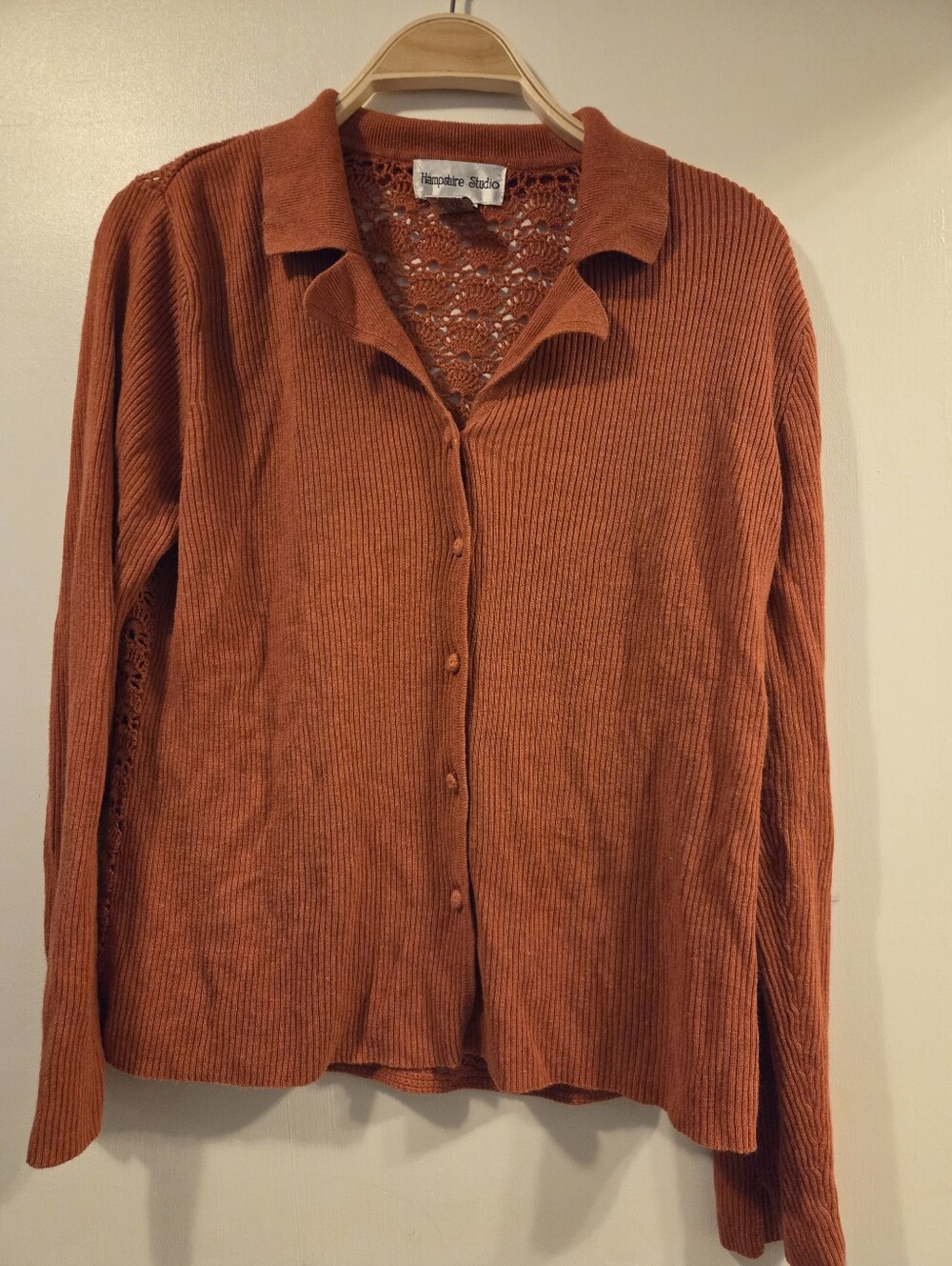 Hampshire Studio Women's Large Burnt Orange Crochet Back Sweater